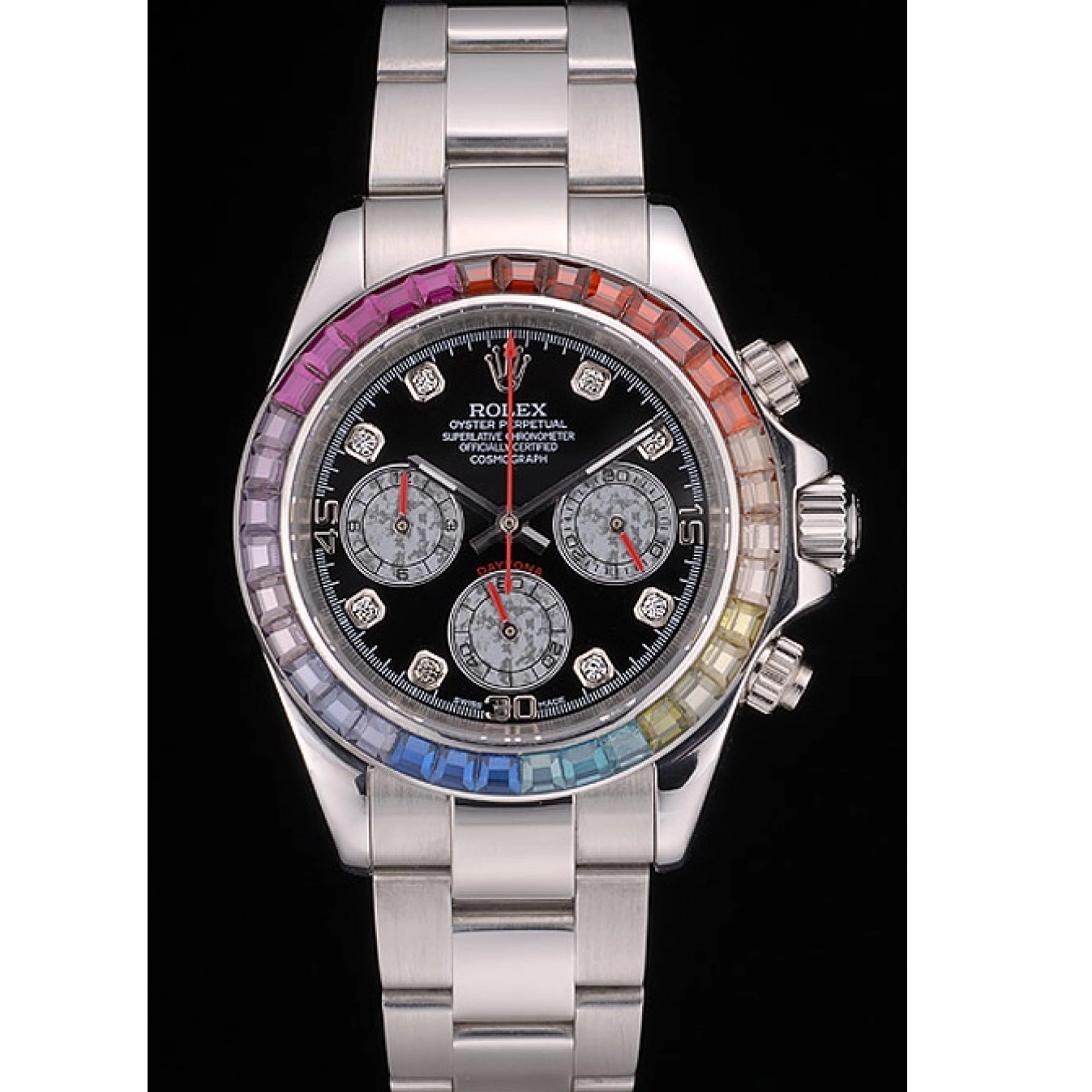 AAA Replica Watches Rainbow Rolex Strap Steep Dial 80250 Daytona Black Cosmograph Stainless Crystals Bezel 0728